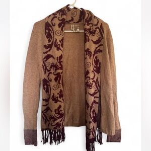 BKE Tan and Burgundy Cardigan Sweater With Fringe